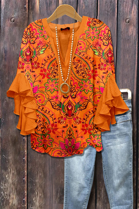 Colorful Paisley Print Ruffle Sleeve Top
