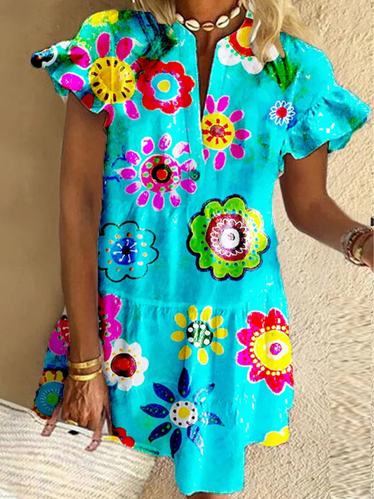 Colorful Flower Ruffled Short-sleeved V-neck Buttoned Dress Vacation Beach Dress