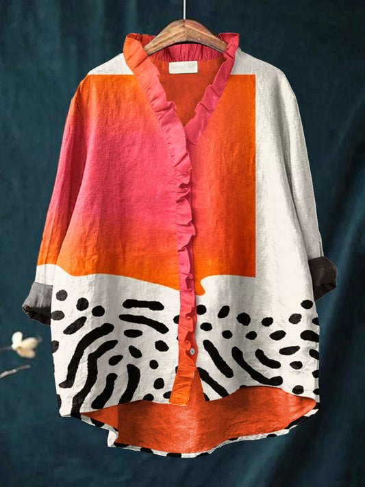 Women's Vintage Abstract Geometric Line Color Block Art Print Casual Cotton And Linen Ruffle Shirt